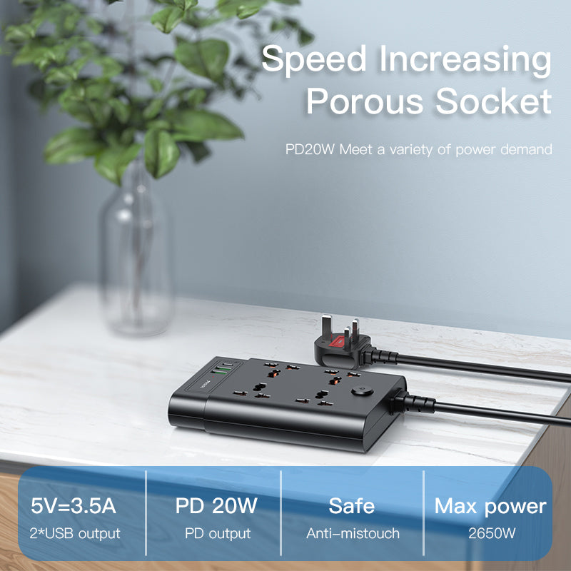 YESIDO MC11 2650W Power Strip 4 UK Sockets PD 2 USB Ports Multifunction Power Socket YESIDO MC11 2650W Power Strip 4 UK Sockets PD 2 USB Ports Multifunction Power Socket